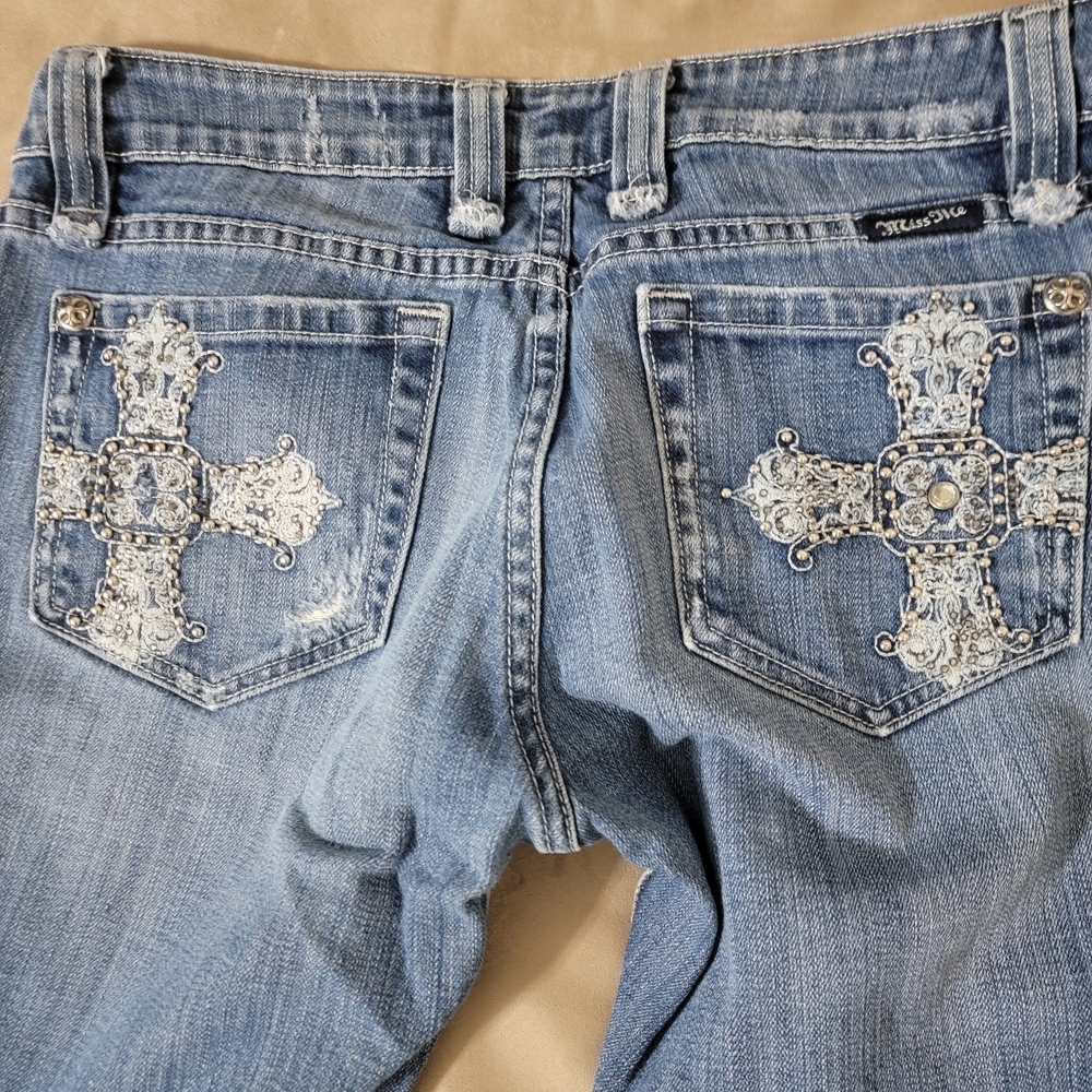 Miss Me Light Blue Boot Cut Jeans with White Embellishments